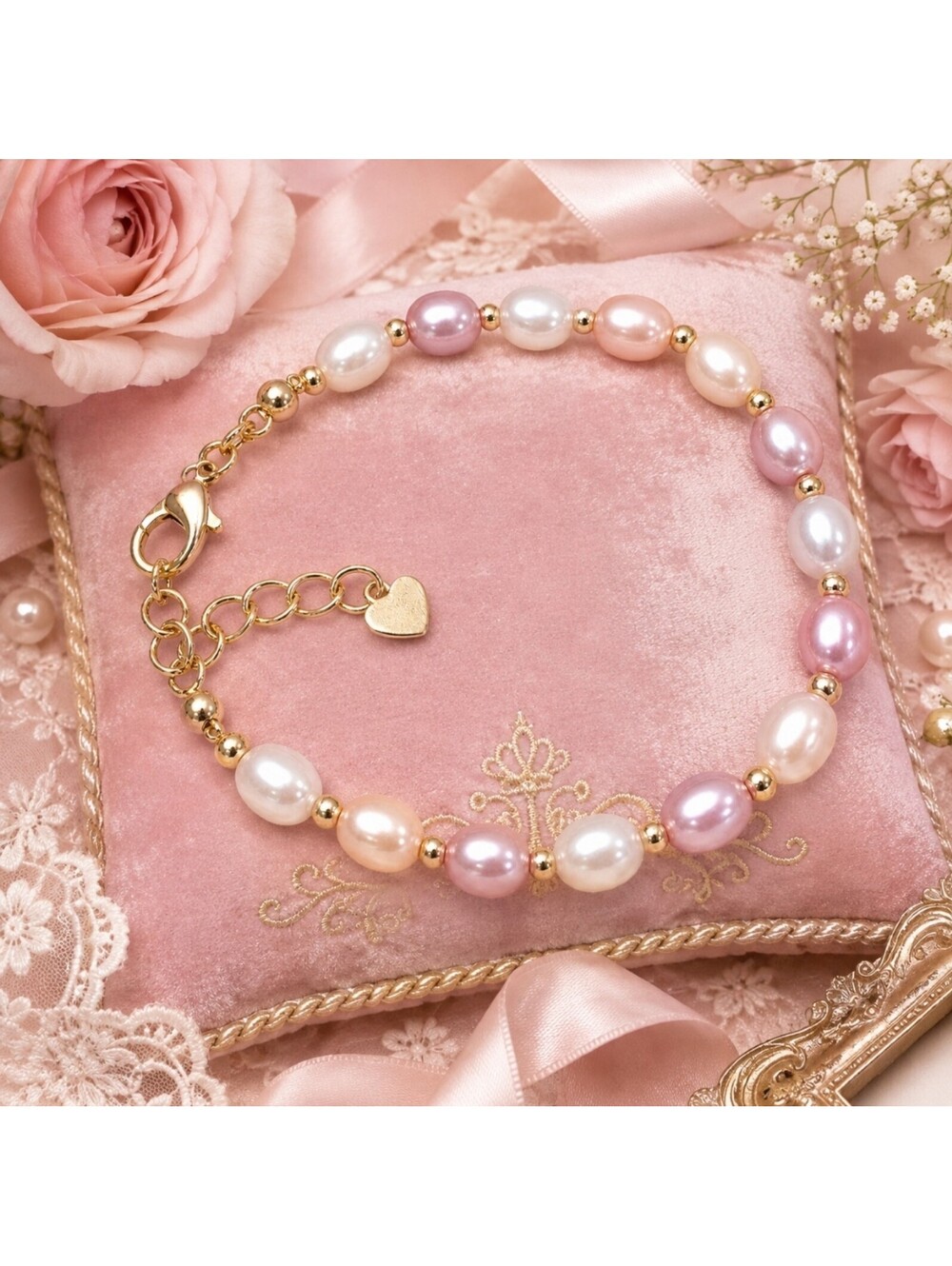 Coquette Valentine Heart Love Wedding Pink Lavender White Pearl Bracelet